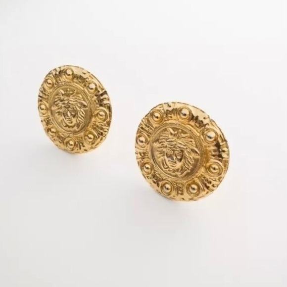 Large Round Chunky Earrings Gold Tone Medusa Face Design Bold Statement - Picture 6 of 9